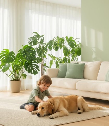 Child and dog in a clean, healthy home